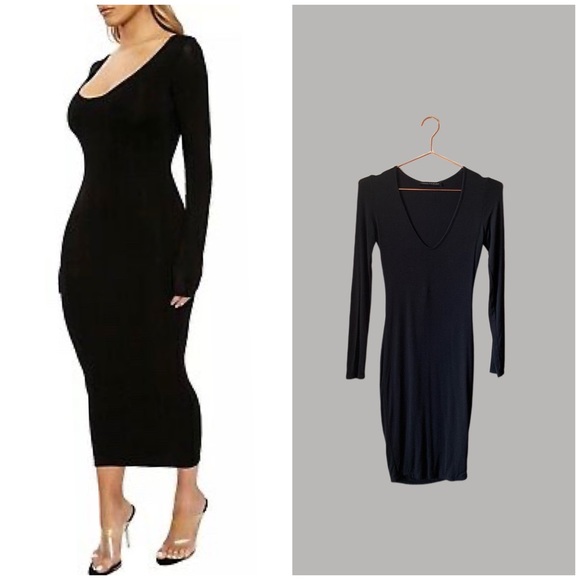 naked wardrobe Dresses & Skirts - Naked Wardrobe Deep V Bodycon Midi Dress Black